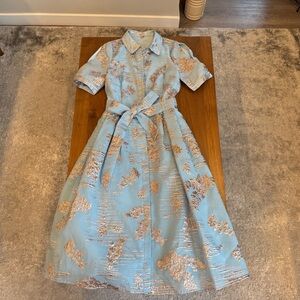 Teri Jon by Rickie Freeman Metallic Jacquard Belted Shirt Dress Size 8